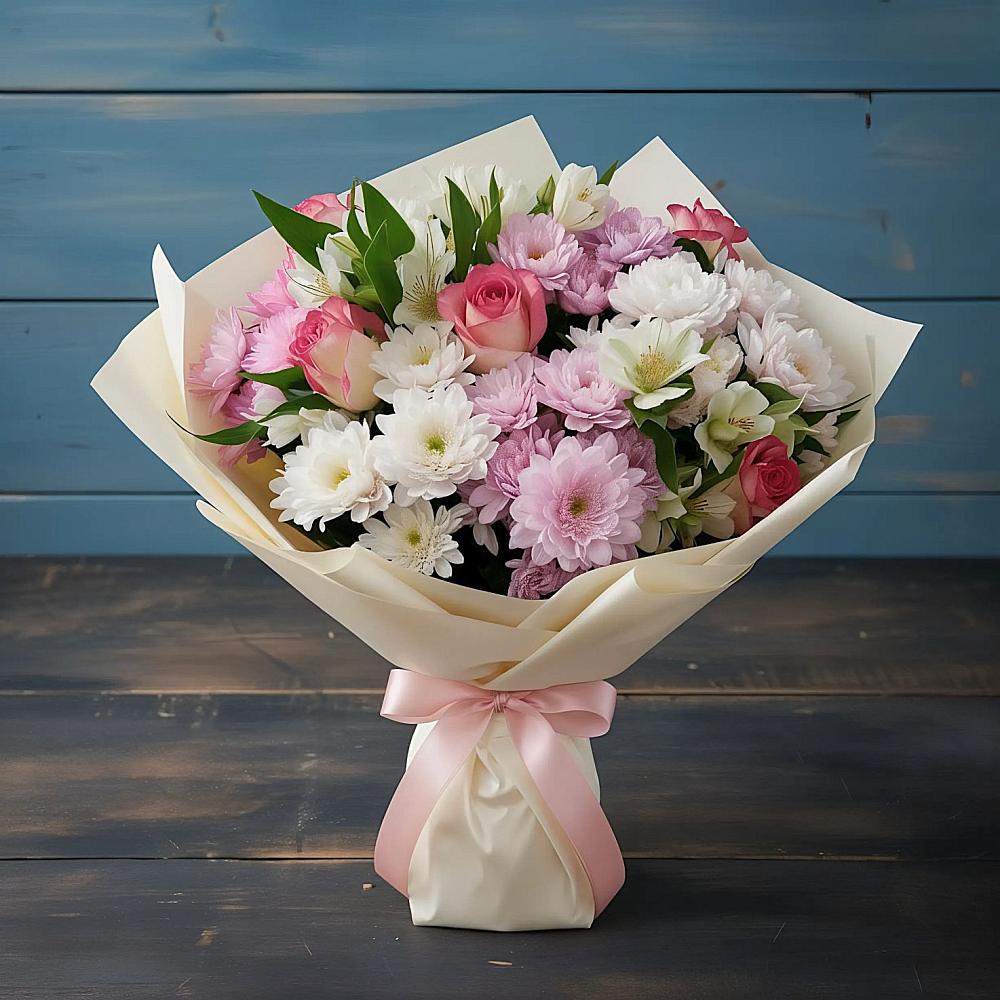 Букет цветов из: Хризантемы, Альстромерии и Розы в Томске